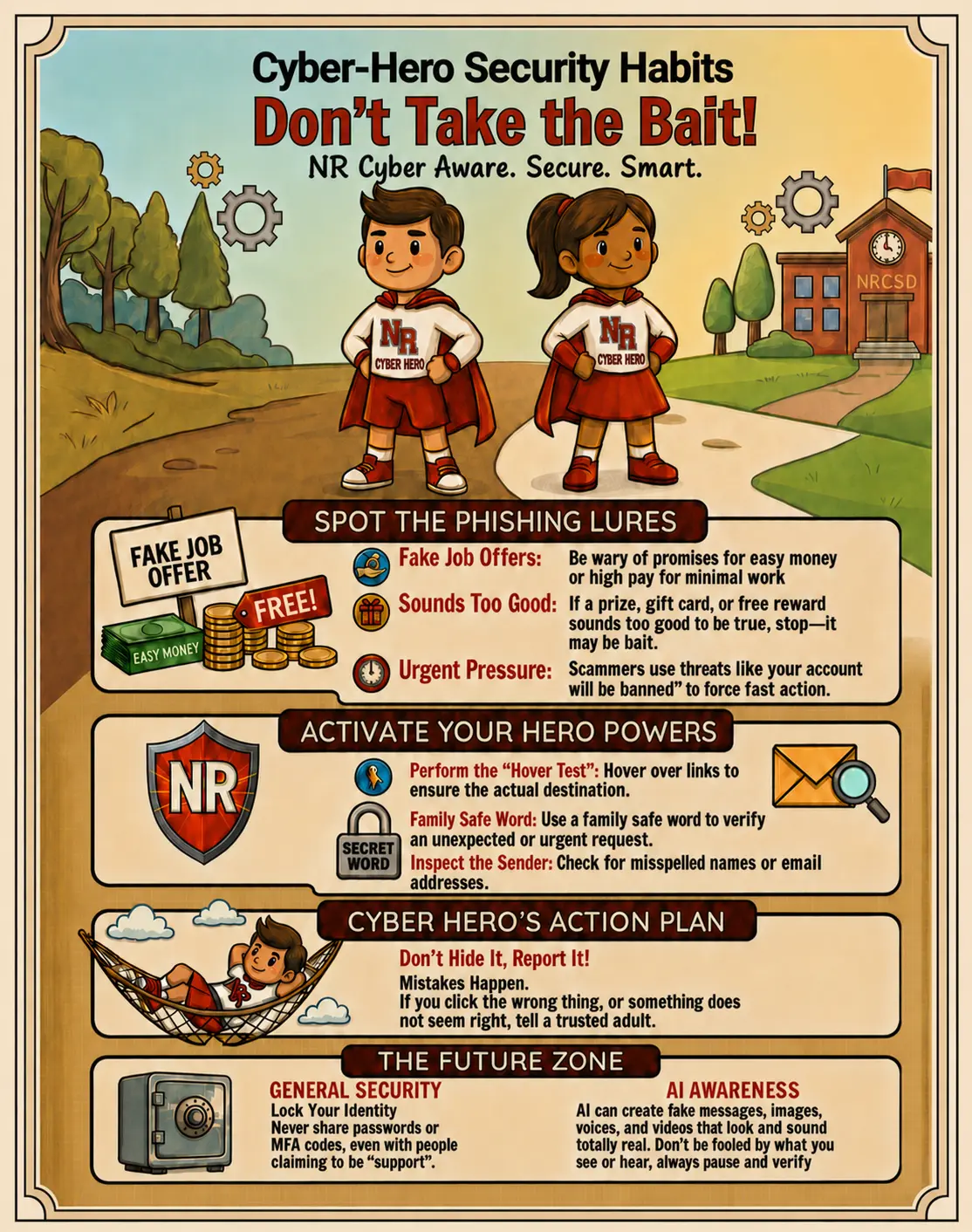 North Rockland Cyber Hero Security Habits poster featuring two student cyber heroes